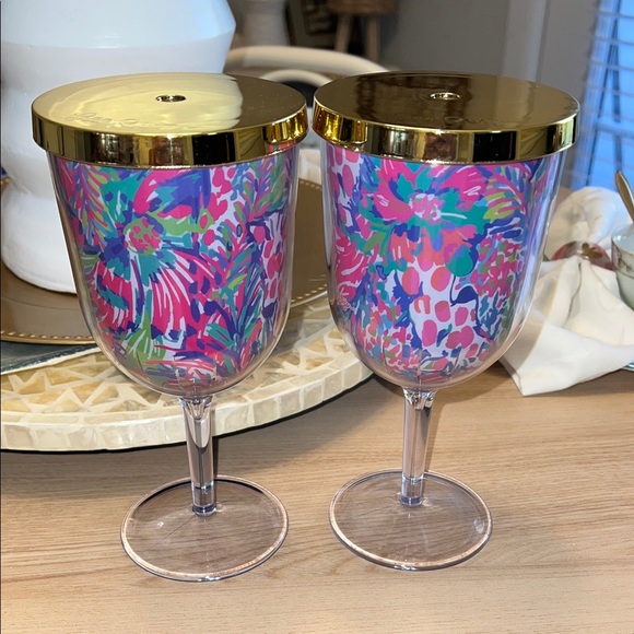 Lilly Pulitzer Other - NWOT Lilly Pulitzer Shiny Gold Wine Glasses And Covers (set of 2)